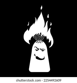 Agudo.  Pimienta con una llama de fuego.  Ilustración vectorial en blanco y negro en estilo plano, especias para pegatinas