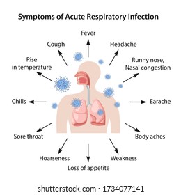 Acute Respiratory Viral Infection. Human body with lungs is attacked by viruses. ARVI Symptoms as a Text. Vector illustration in flat style isolated on white background.