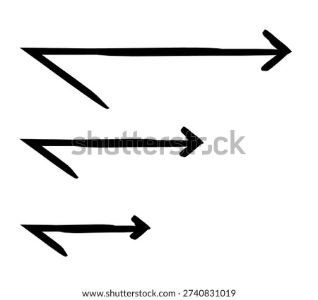 Acute right arrows in size variation hand-drawn sketch graphic element set. Sharp transition. Visual cue. Doodle direction. Minimal black pointers. Ink freehand symbols. Scribble illustration