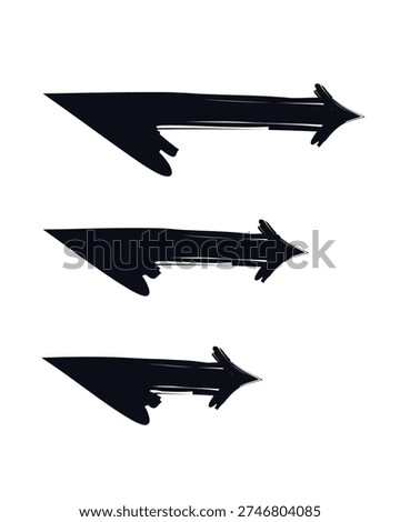 Acute right arrows in size variation bold thick stroke graphic element set. Sharp transition. Visual cue. Expressive grunge marker highlight pointers. Ink rough direction. Vector illustration