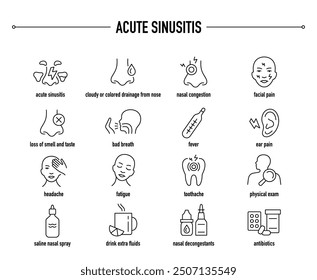 Síntomas de sinusitis aguda, iconos de vectores de diagnóstico y tratamiento. Línea de iconos médicos editables.