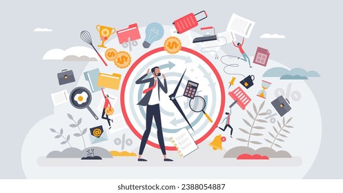 Acute stress and emotional frustration from overload tiny person concept. Unhealthy work life balance with many duties pressure and exhaustion vector illustration. Negative psychological struggle.