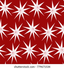 acute white stars on a red background, abstract vector seamless pattern, Idea for xmas