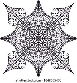 An acute-angled mandala with a base of openwork Christmas trees. Can be used as a snowflake, a coloring book for meditation, a template for cutting out, decorating objects and things.
