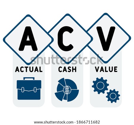 ACV - Actual cash value acronym, business   concept. word lettering typography design illustration with line icons and ornaments.  Internet web site promotion concept vector layout.