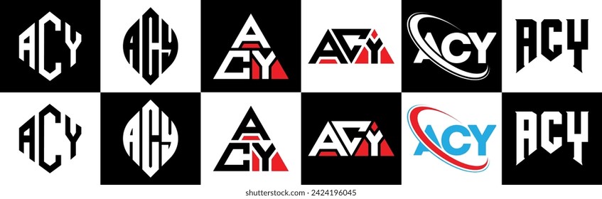 ACY letter logo design in six style. ACY polygon, circle, triangle, hexagon, flat and simple style with black and white color variation letter logo set in one artboard. ACY minimalist and classic logo