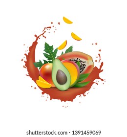 Ad 3d promotion banner, Realistic mango, avocado, papaya with falling slices. Ice cream, yogurt, juice brand advertising. Label poster template. Splash design. Vector EPS 10 