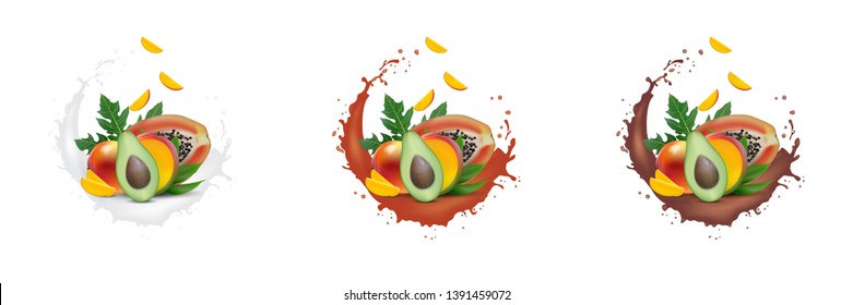 Ad 3d promotion banner, Realistic mango, avocado, papaya with falling slices. Ice cream, yogurt, juice brand advertising. Label poster template. Splash design. Vector EPS 10 