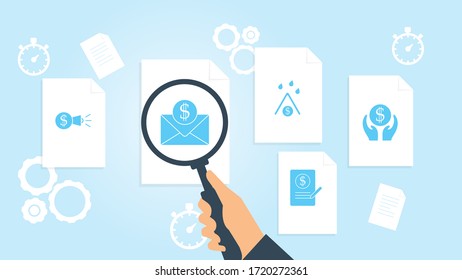 Ad, ads file, document research vector illustrationDocument with search icons. File and magnifying glass. Analytics research sign. Vector Illustration