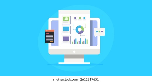AD analytics software, Advertising campaign performance monitoring, Digital marketing report with graph and charts, Business audit - vector illustration with icons