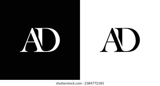 AD Artistic Letter Logo Design with Creative Serif Font in Black and White Colors Vector Illustration