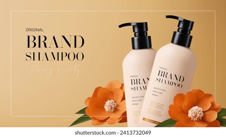 Ad background for promotion shampoo. Ad banner with minimalist design. Vector illustration with shampoo bottles and paper flowers. Concept of promotion cosmetic product. 3d realistic banner.