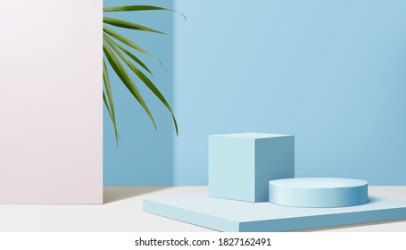 Ad background template with blue square and round stage and palm leaves in 3d illustration