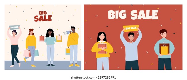 Ad backgrounds for shopping event promotion. Sale and discount concept. Sale banners designs. People announcing price off