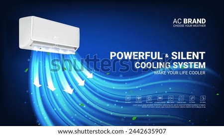 Ad banner of air conditioner. Realistic vector illustration with air conditioner with cold fresh air wind wave with leaves. Modern split system climate control for home. Product mockup concept.