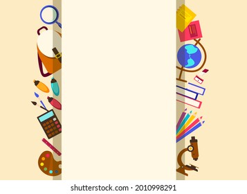 Ad banner Back to school Again on beige background.Sale poster with School Supplies Accessories element.Schooling Stationery tools and place for text. Promotion template.Office stationery.Illustration