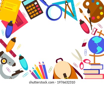 Ad banner Back to school.Sale poster with School Supplies Accessories element.Schooling Stationery tools and place for text on white background.Promotion template.Office stationery.Vector illustration