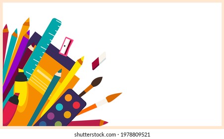 Ad banner Back to school.Sale poster with School Supplies Accessories element.Schooling Stationery tools and place for text on white background.Promotion template.Office stationery.Vector illustration