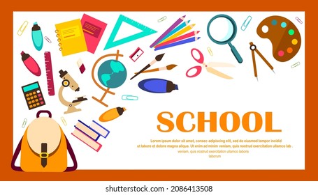 Ad banner Back to school.Sale poster with School Supplies Accessories element.Schooling Stationery tools and place for text on white background.Promotion template.Office stationery.Vector illustration