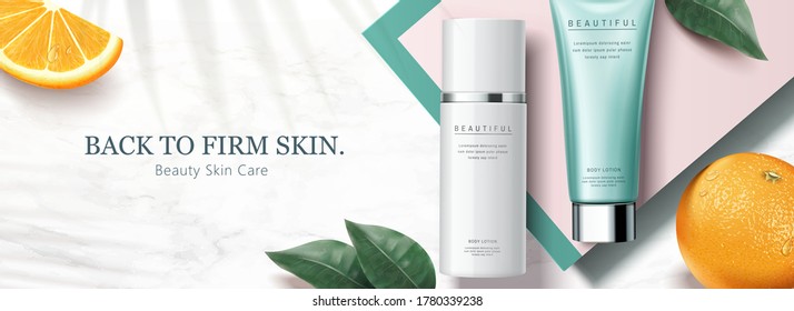 Ad Banner For Beauty Product Series, Skin Care Mock-ups Set On Marble Table With Tangerine, 3d Illustration
