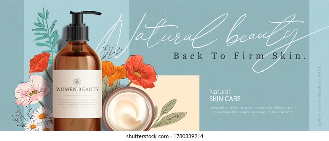 Ad Banner For Beauty Products, Mock-ups With Hand Drawn Bouquets, Concept Of Natural Skincare, 3d Illustration