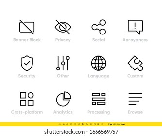 Icono de Bloque de anuncios. Juego de trazo editable de escudo, privacidad, Secure Analitic y otros vectores de línea para aplicaciones y sitios web