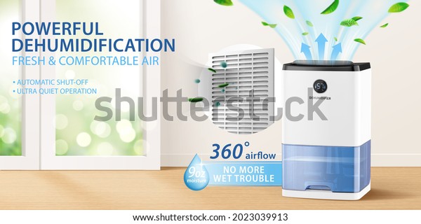 Ad banner design for\
dehumidifier or air purifier. 3d illustration of house appliance\
purifying air for house living room. Concept of allergy or covid\
prevention.