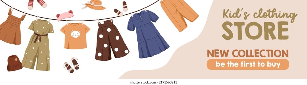 Ad banner design for kids clothes store. Promo background template for girls fashion shop sale for summer season. Modern childrens retail, web promotion. Colored flat graphic vector illustration