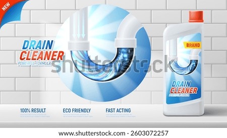 Ad banner of drain cleaner. 3d vector concept of drain pipe cleaner product. Realistic banner with bottle, pipe filled with dirt, white tile on background. Cleansing product ads for sink siphon.