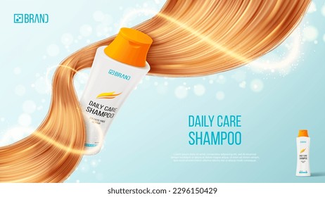 Ad banner of hair shampoo or conditioner. 3d vector illustration of cosmetic product. Realistic bottle and hair strands for promotion of female shampoo. Beauty product advertising.