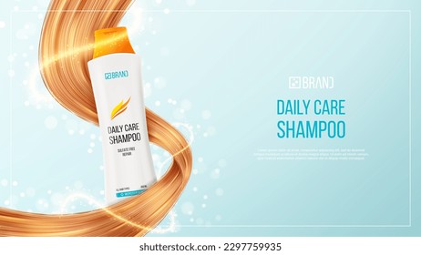 Ad banner of hair shampoo or conditioner. 3d vector illustration of cosmetic product. Realistic bottle and hair strands for promotion of female shampoo. Beauty product advertising.