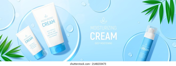 Cartel con productos de crema hidratante. Ilustración vectorial con botella 3d y tubos de crema hidratante, gotas, hojas y círculos de vidrio. Cacería del anuncio de productos cosméticos. Fondo Flatlay.