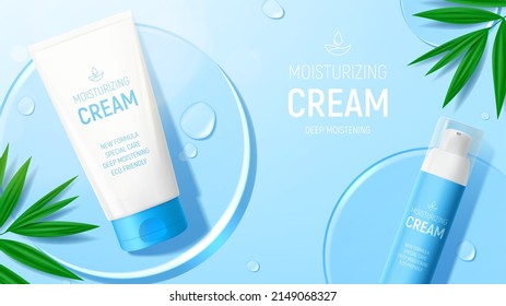 Ad banner with moisturizing face cream products. Vector illustration with 3d bottle and tube of moisturizing cream, drops, leaves and glass circles. Mockup of cosmetic product ad. Flatlay background.