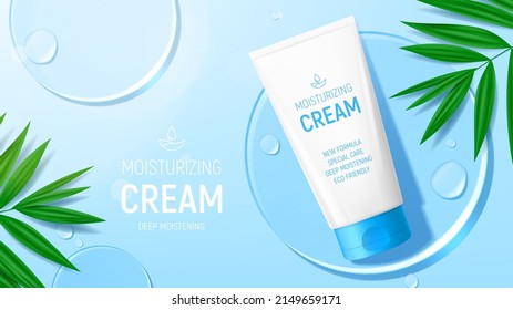 Ad Banner With Moisturizing Face Cream. Vector Illustration With 3d Tube Of Moisturizing Cream, Water Drops, Leaves And Glass Circles. Mockup Of Cosmetic Product Ad. Flatlay Background.