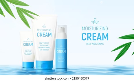 Ad banner with moisturizing face cream products. Vector illustration with containers of moisturizing cream on water surface. Concept of cosmetic products ad with tropical leaves on background.