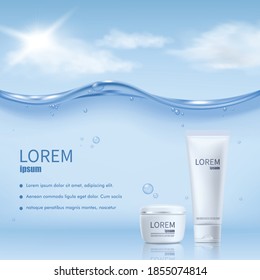 Ad banner with moisturizing skincare cosmetic products. Beautiful tubes of luxury moisture facial cream on blue background water with air bubbles. Vector 3D realistic illustration.