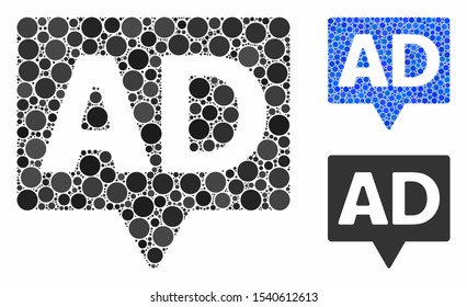Ad banner mosaic of circle elements in different sizes and color hues, based on ad banner icon. Vector circle elements are composed into blue collage. Dotted ad banner icon in usual and blue versions.