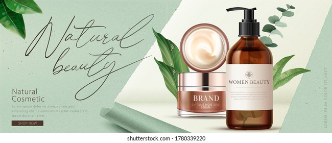 Ad banner for natural beauty products, decorated with ripped paper effect and natural leaves, concept of simple skincare, 3d illustration
