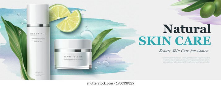 Ad banner for natural beauty products, skincare mock-ups decorated with watercolor strokes and organic ingredients, 3d illustration - Shutterstock ID 1780339229