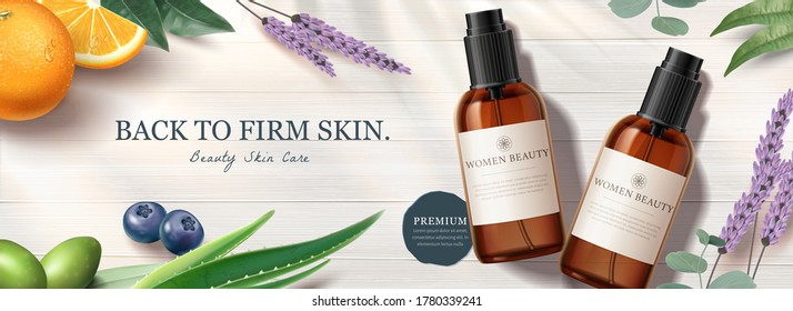 Ad Banner For Natural Beauty Products, Skin Care Mock-ups Set On White Wooden Table With Organic Ingredients, 3d Illustration