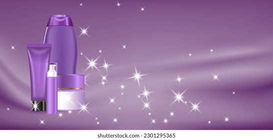 Ad banner for natural beauty products, skincare, shampoo mock-ups decorated with luxury silk for background, 3d illustration.
