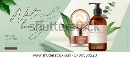Ad banner for natural beauty products, decorated with ripped paper effect and natural leaves, concept of simple skincare, 3d illustration Foto d'archivio © 