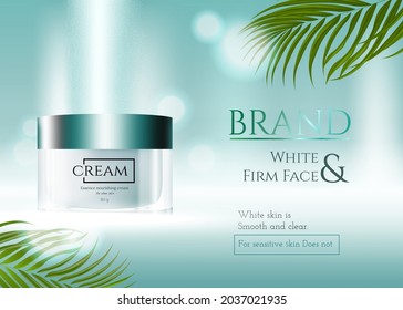 Ad banner for natural beauty skincare products, decorated with green effect and natural leaves, concept of simple skincare, 3d illustration