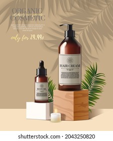 Ad banner for natural cosmetic beauty products, background with candle, wood and natural leaves, concept of simple skincare, 3d illustration