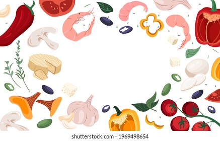 Ad banner for pizzeria with realistic italian food ingredients and place for text on white background. Promotion template for cooking courses restaurant or cafe. Colored hand-drawn vector illustration