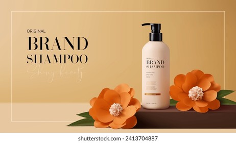 Ad banner for promotion shampoo. Ad banner with minimalist design. Vector illustration with shampoo bottle and paper flowers on podium. Concept of promotion cosmetic product. 3d realistic background.