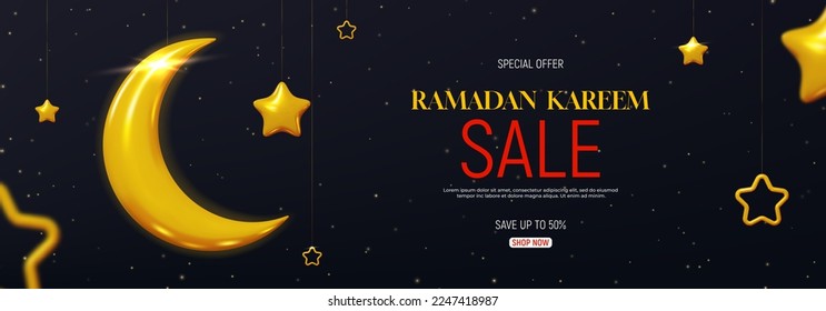 Ad banner for Ramadan Kareem sale event. Ramadan Kareem card with golden crescent and stars. Holy month Ramadan celebration banner. Ad vector illustration of Islamic holiday.