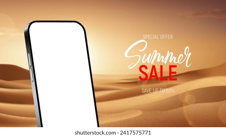 Ad banner for summer sale. Banner with smartphone on desert sand with empty horizon. Vector 3d ad illustration for promotion of summer goods and products. Phone mockup. Realistic desert landscape.