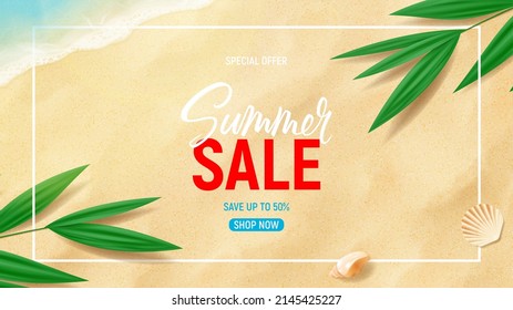 Ad banner of summer sale. Vector flat lay with beach sand, tropical plants, seashells and sea waves. Vector 3d ad illustration for promotion of summer goods.