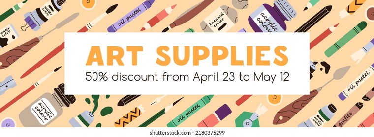 Ad banner template for art supplies shop, school stationery store. Advertisement promotion background design of sale market, discount on creative tools, accessories. Flat vector illustration